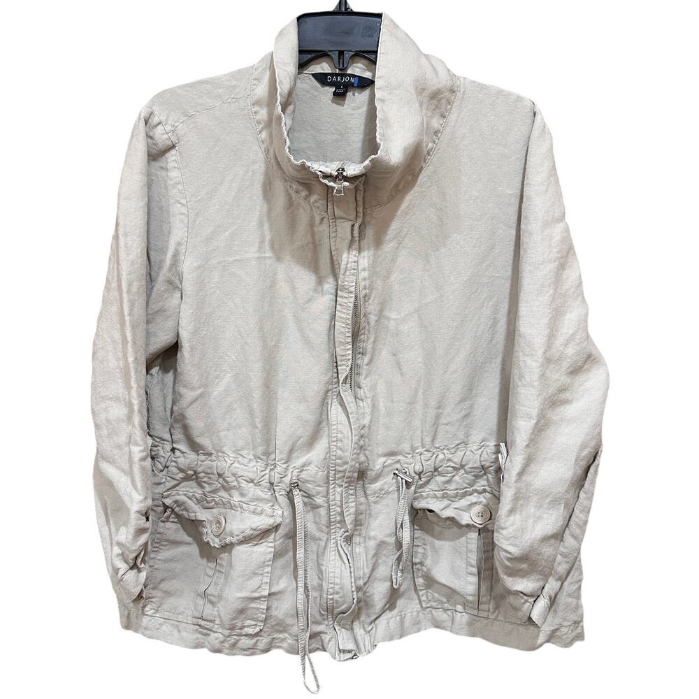 Darjoni Utility Jacket Size L Beige Linen Blend Minimalist Lightweight Outdoor